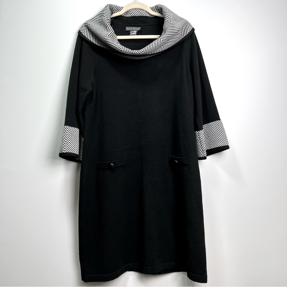 Jessica Howard Women's Sweater Dress Black Sz 1X Plus Houndstooth Cowl